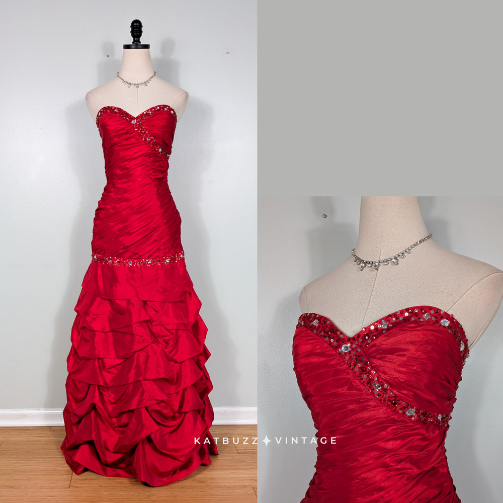 Vintage Prom Dress Maxi Gown 4 Red Y2K Glam Strapless Bubble Pleat Rhinestone